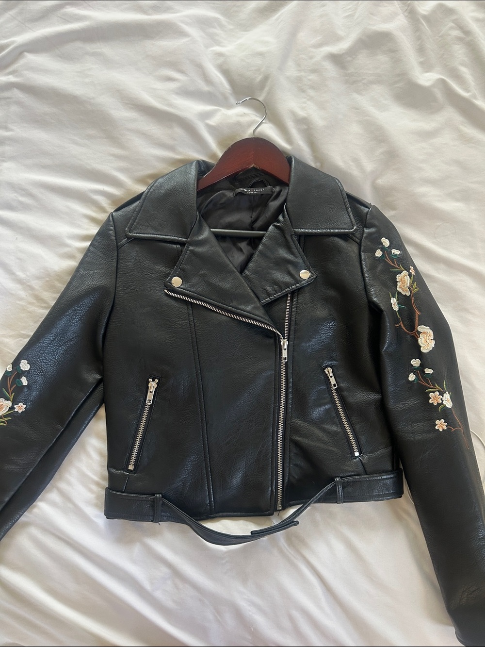 Romeo & Juliet Couture Black Faux Leather Moto Jacket with Floral Embroidery
